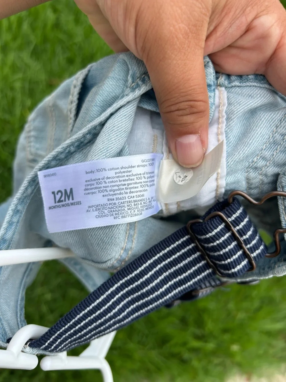 OshKosh B'gosh Light Blue Denim Short Overalls with Navy Striped Straps
